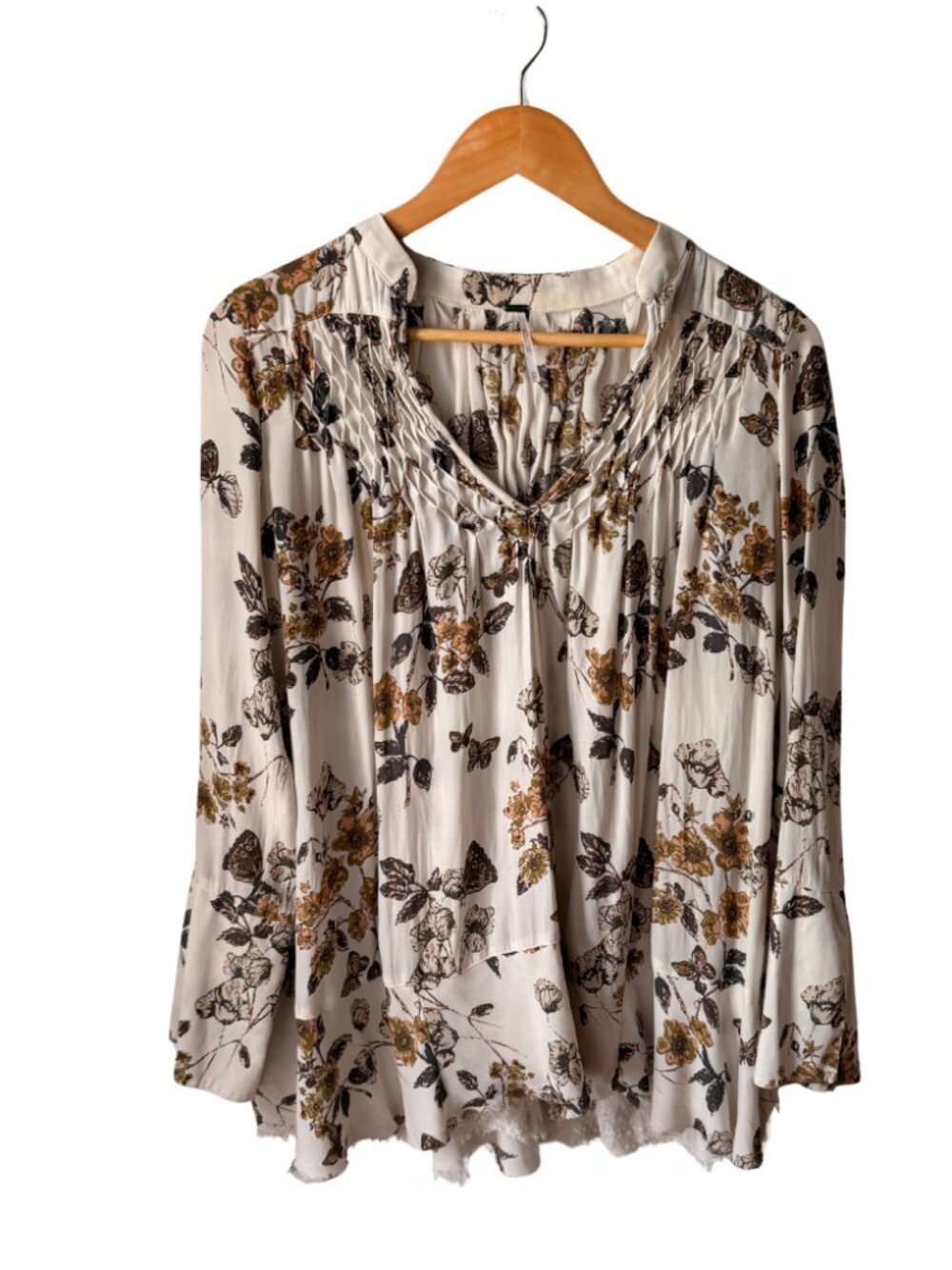 Free People Pebble Crepe So Fine Smocked Tunic Top Ivory Butterfly Boho